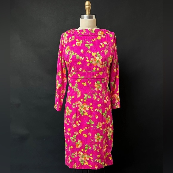 Vintage Lihli at Saks Fifth Avenue Pink Silk Floral Boat Neck Cocktail Dress 8 - Picture 2 of 11